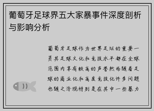 葡萄牙足球界五大家暴事件深度剖析与影响分析