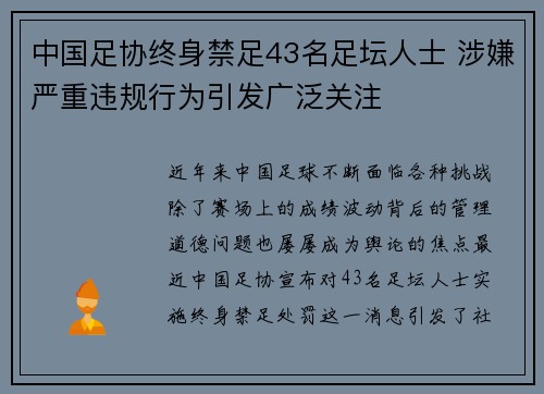 中国足协终身禁足43名足坛人士 涉嫌严重违规行为引发广泛关注