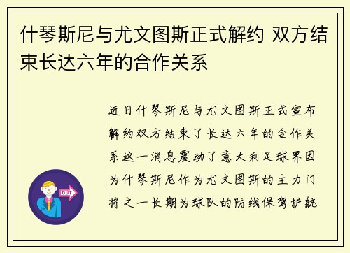 什琴斯尼与尤文图斯正式解约 双方结束长达六年的合作关系