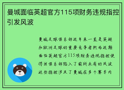 曼城面临英超官方115项财务违规指控引发风波 曼城面临英超官方115项财务违规指控引发风波