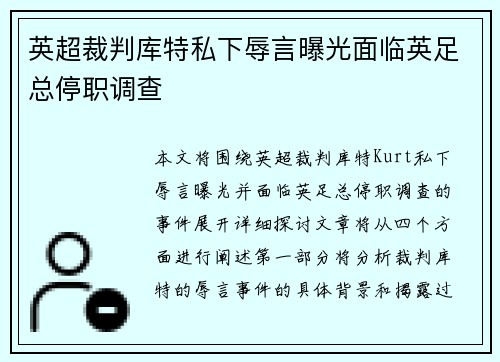 英超裁判库特私下辱言曝光面临英足总停职调查